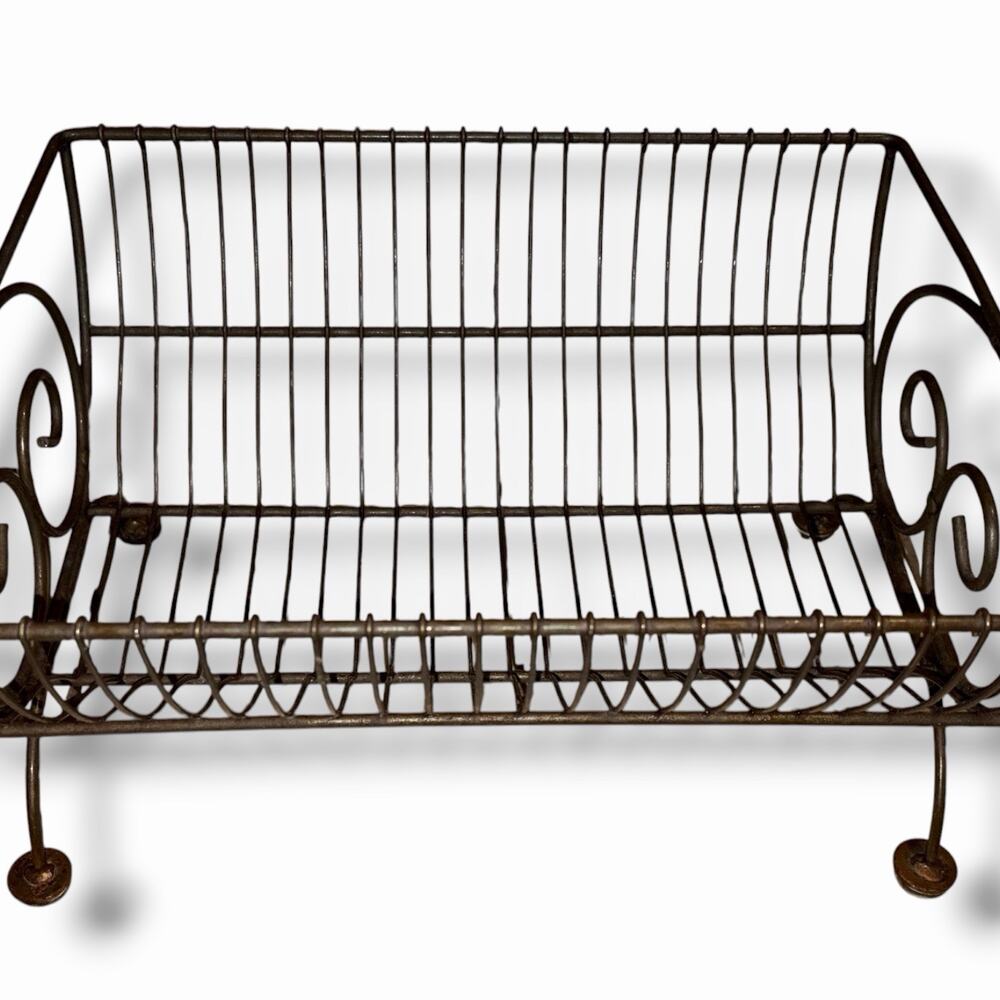 Vintage French Wire Dish Rack Scrollwork Footed Metal Drainer Farmhouse Decor